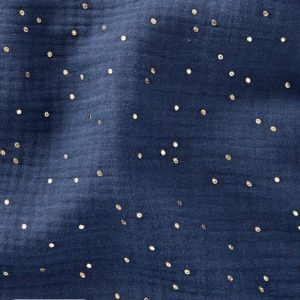 Tissu Double Gaze Coton Bleu Indigo Imprimé Pois Dorés