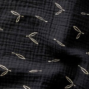 Tissu Double Gaze Coton Noir Imprimé Feuilles Dorées