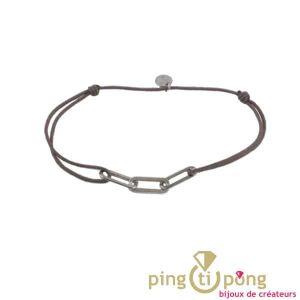 Bracelet lacette taupe L&rsquo;AVARE avec maillons en argent rhodié-Femme