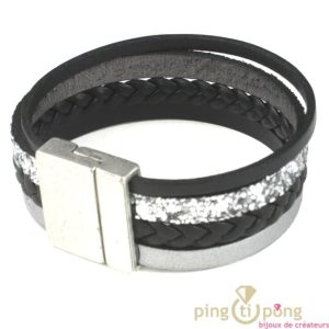 Bracelet cuir femme Kassiopé gris et noir style brésilien de « La fleur de peau »