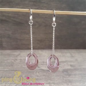 Boucles pendantes « ellipse » en argent et cristal de Swarovski® rose de SPARK