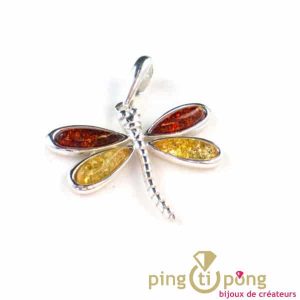 Pendentif Balticambre libellule en ambre jaune et orange et argent